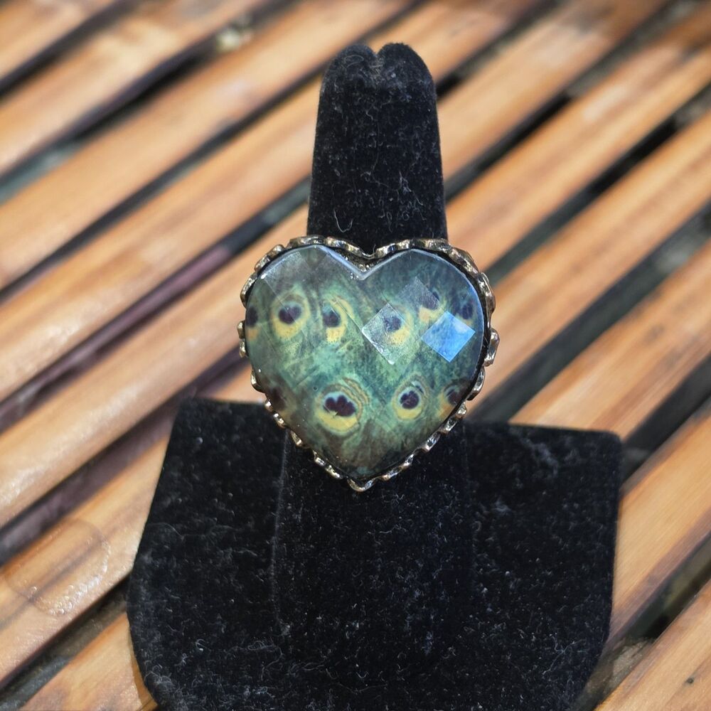 Vintage Peacock Feather Heart Ring Statement Adjustable Size 6 Cabochon